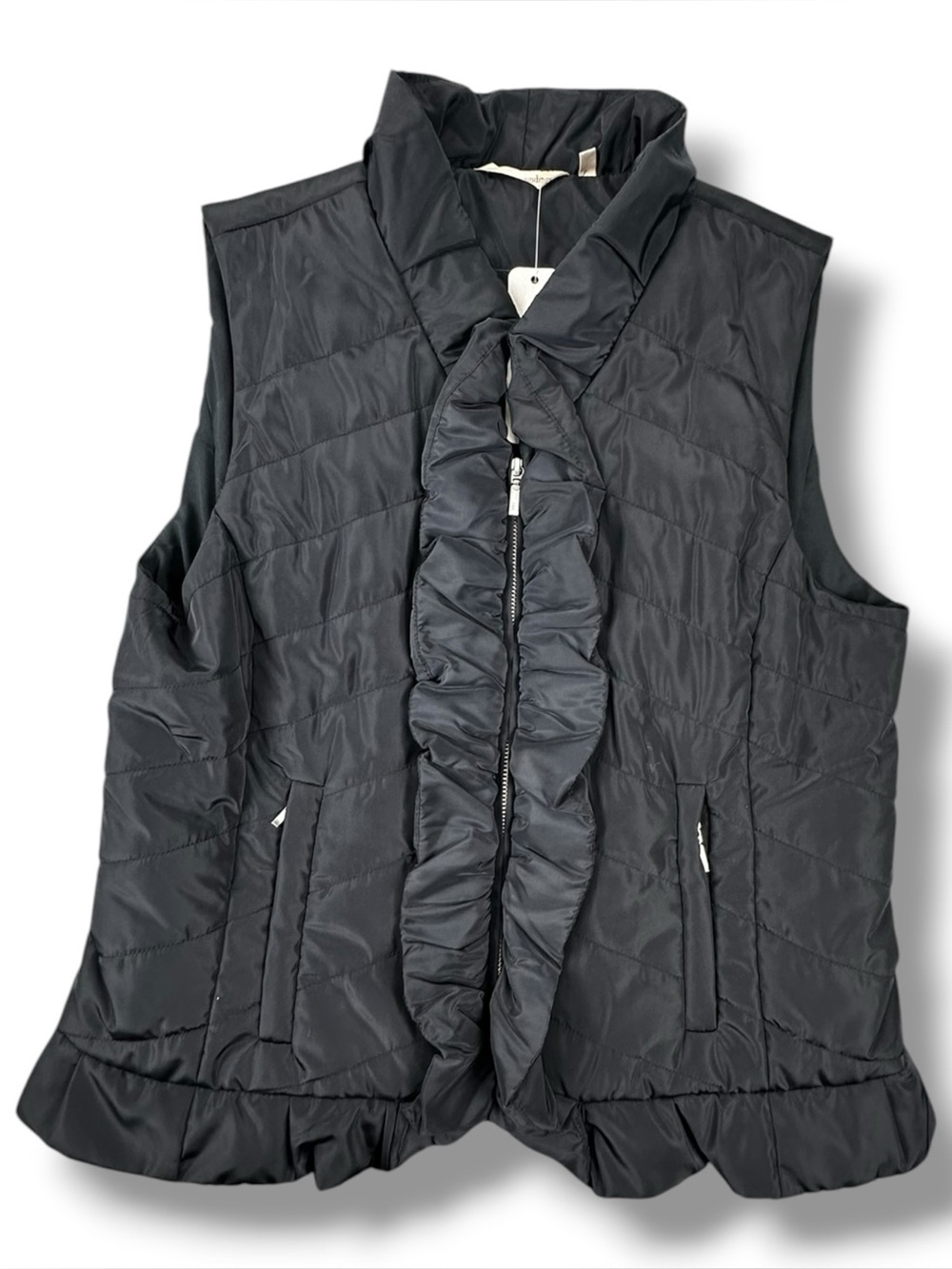 Soft Surroundings Saint Aubin Black Quilted Ruffle Trim Zip Front Vest Size M